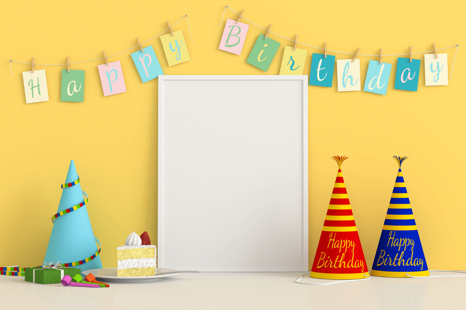 Colourful themed birthday party table with balloons and decorations arranged for Pinterest