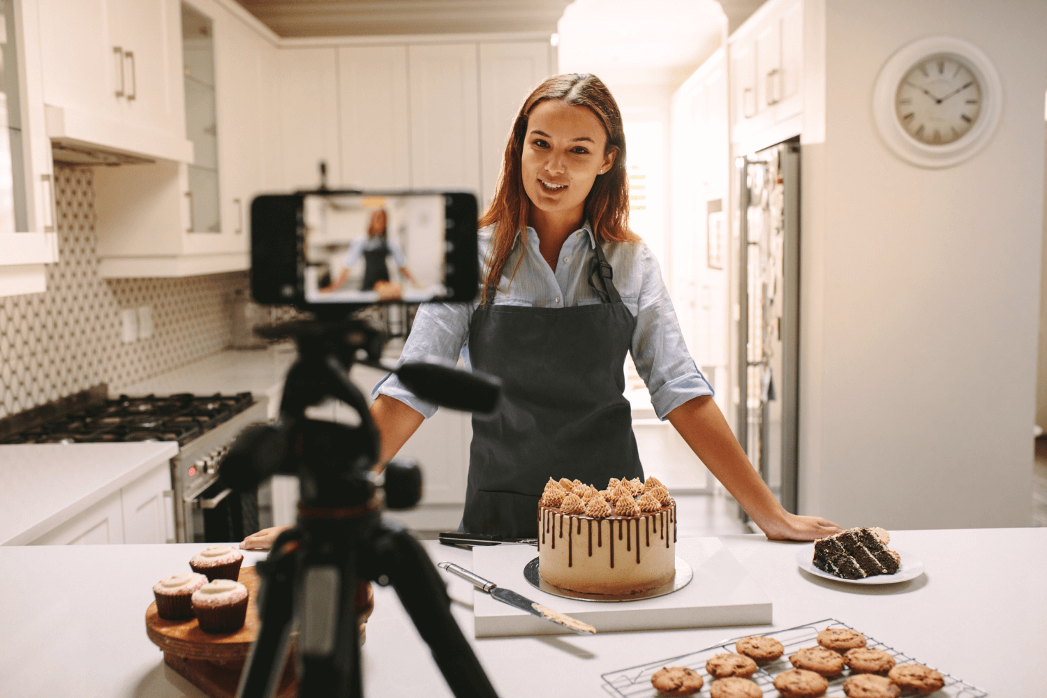 Woman creating content on phone to build trust on social media