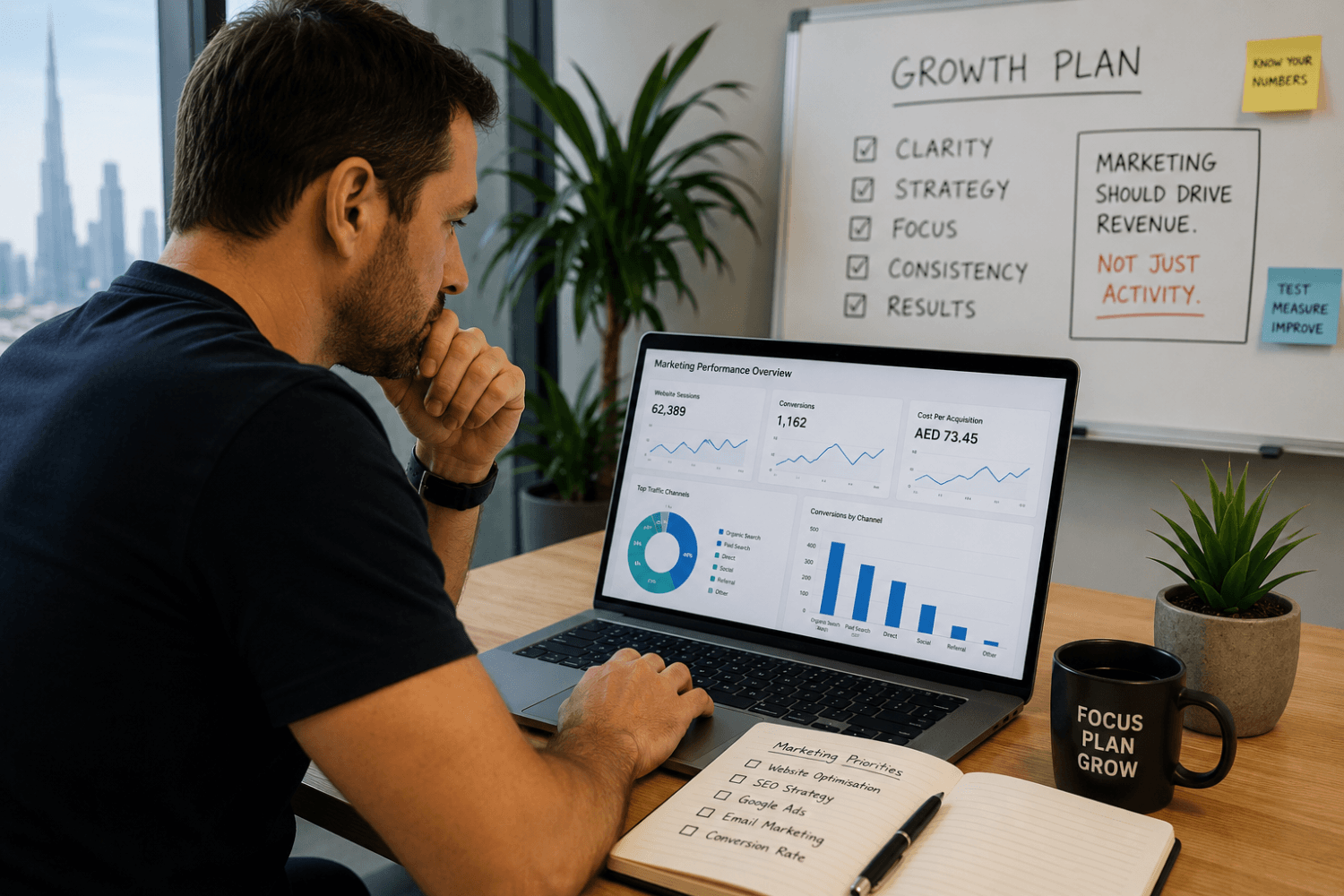 Marketing consultant reviewing business performance data and analytics to develop a growth strategy for a Dubai business